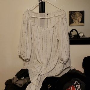 Off the shoulder white with black stripes shirt